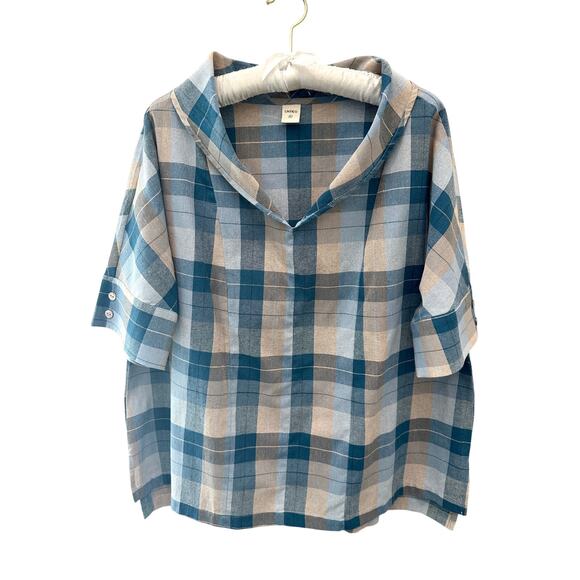 LINTICO | Linen Blend Blue Plaid Cowl Neck Short Sleeve Shirt Top | XL - Picture 3 of 9